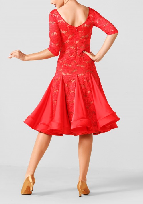 Red Lace Latin Rhythm Crepe Ruffle Practice Dance Dress