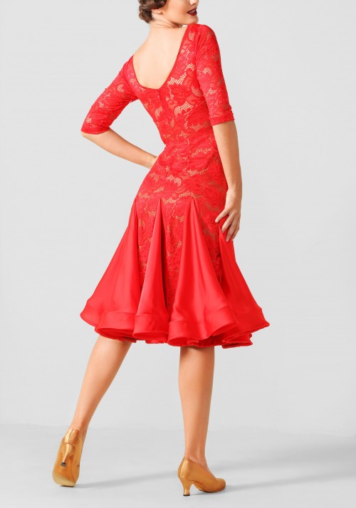 Red Lace Latin Rhythm Crepe Ruffle Practice Dance Dress