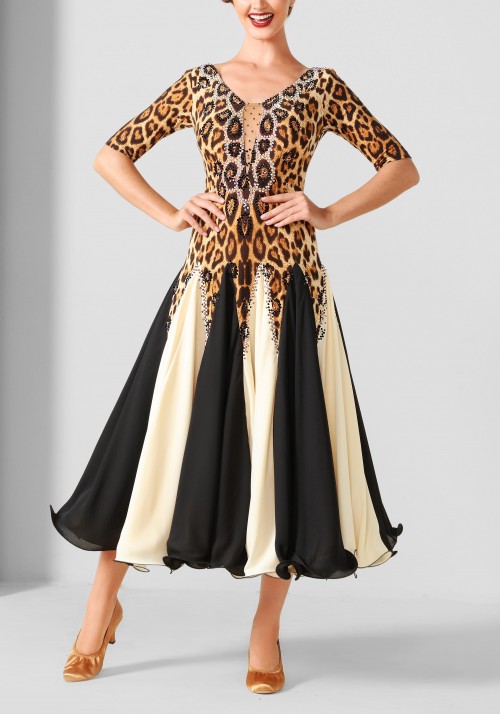 Leopard Two-tone Skirt Luxury Crepe Ballroom Smooth Practice Dance Dress