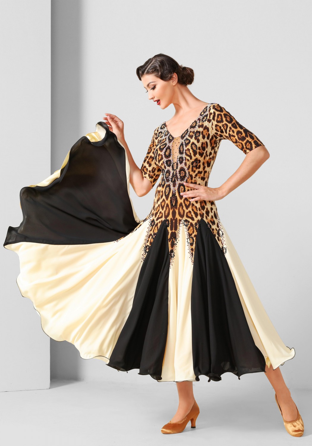 Leopard Two-tone Skirt Luxury Crepe Ballroom Smooth Practice Dance Dress