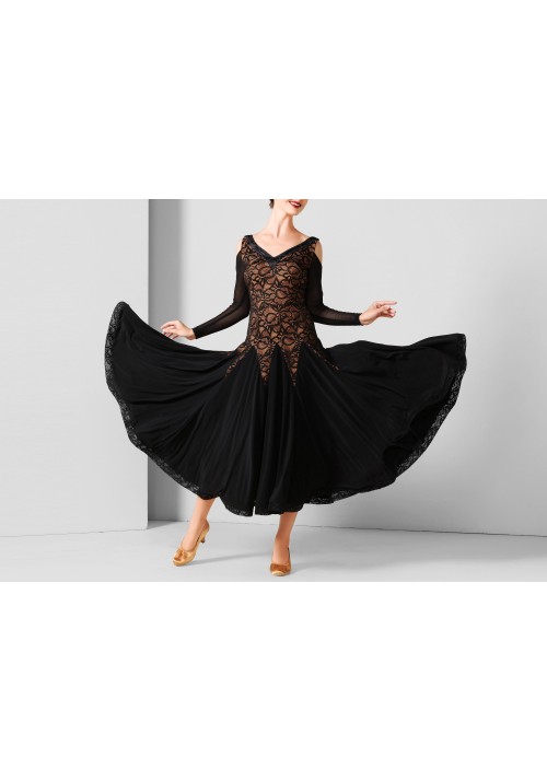 Black Lace Luxury Crepe Ballroom Smooth Practice Dance Dress