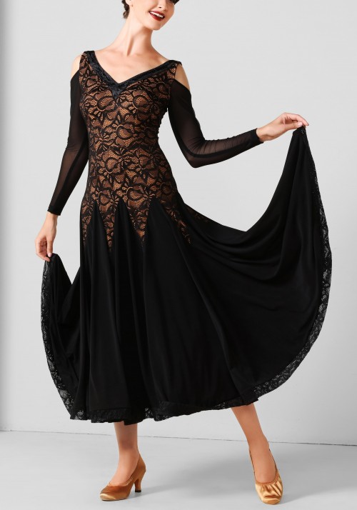 Black Lace Luxury Crepe Ballroom Smooth Practice Dance Dress