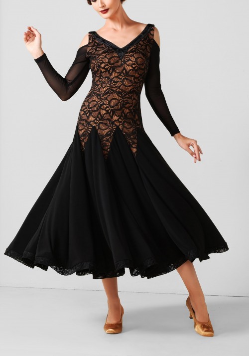 Black Lace Luxury Crepe Ballroom Smooth Practice Dance Dress