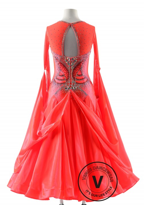 Hot Coral Red Fiery Couture Ballroom Smooth Competition Dance Dress