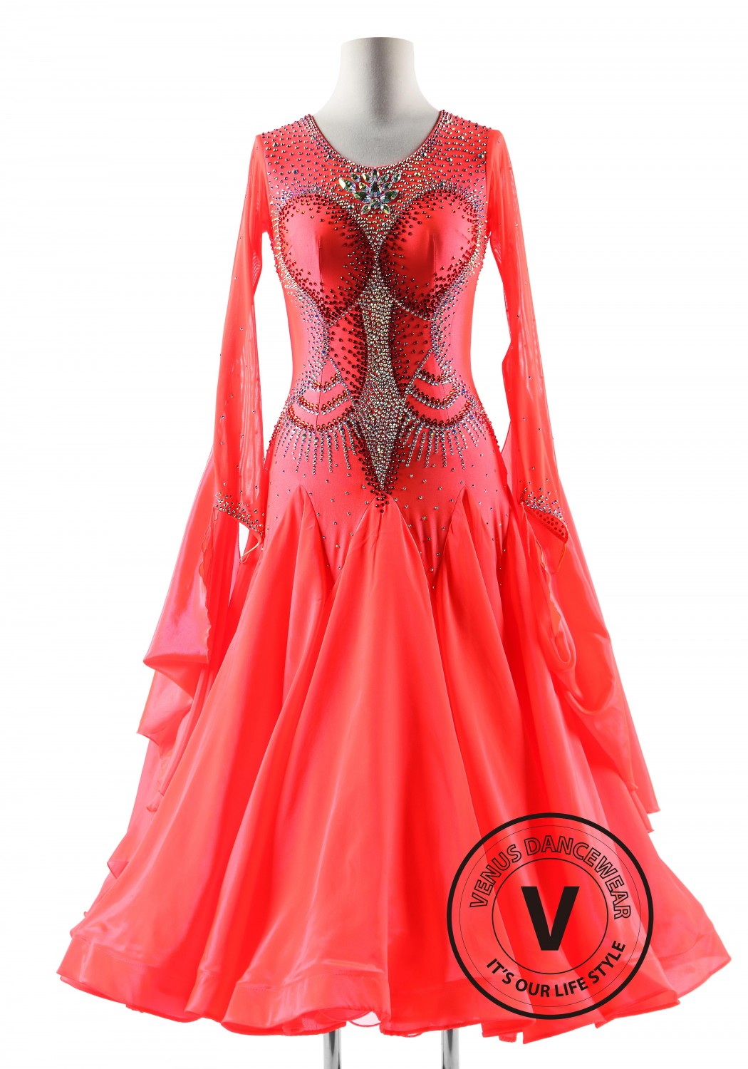Hot Coral Red Fiery Couture Ballroom Smooth Competition Dance Dress
