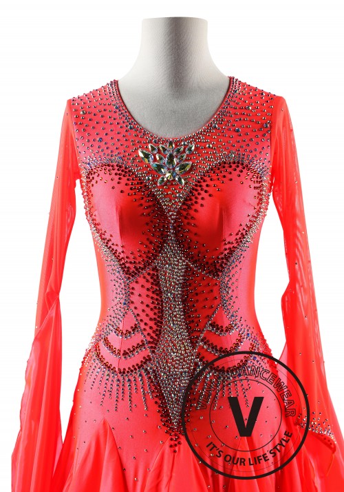 Hot Coral Red Fiery Couture Ballroom Smooth Competition Dance Dress