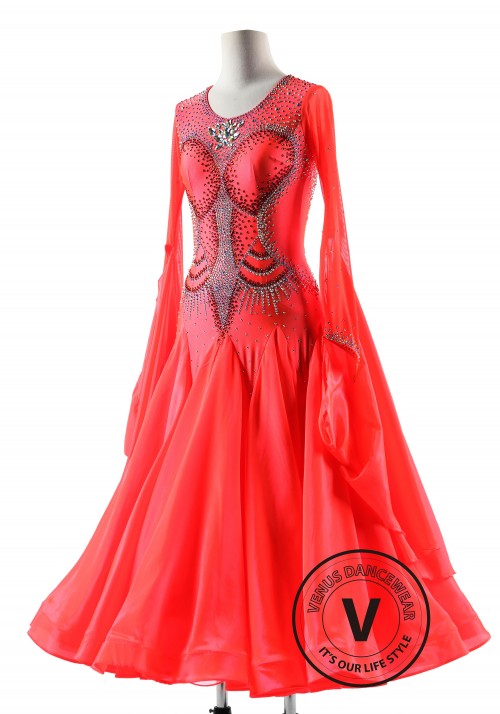 Hot Coral Red Fiery Couture Ballroom Smooth Competition Dance Dress