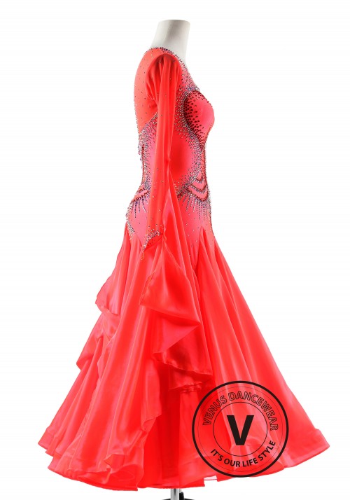 Hot Coral Red Fiery Couture Ballroom Smooth Competition Dance Dress