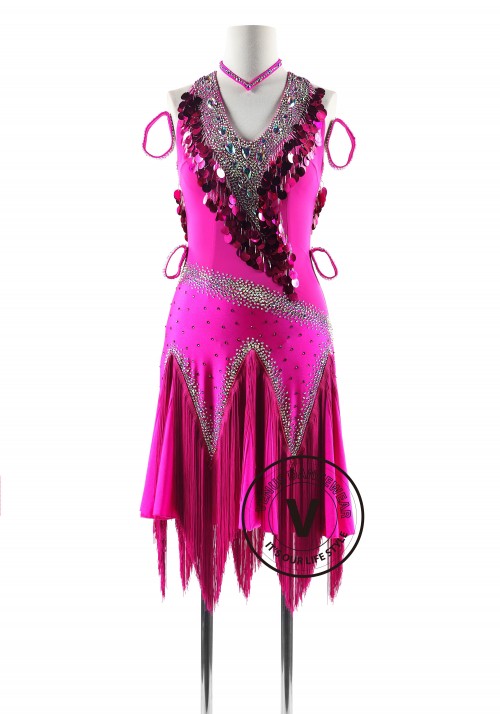 Magenta Rose Sequin Heart Latin Rhythm Competition Dance Dress