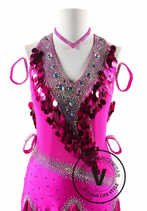 Magenta Rose Sequin Heart Latin Rhythm Competition Dance Dress