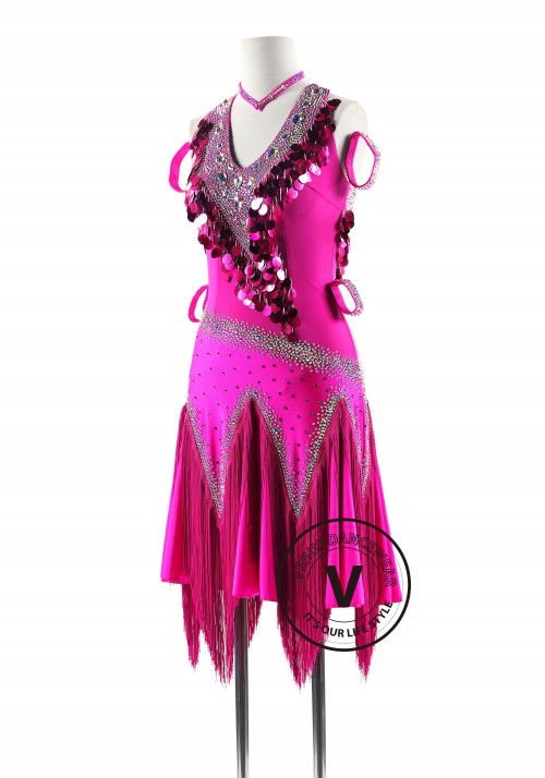 Magenta Rose Sequin Heart Latin Rhythm Competition Dance Dress