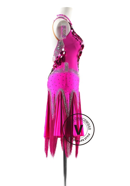 Magenta Rose Sequin Heart Latin Rhythm Competition Dance Dress