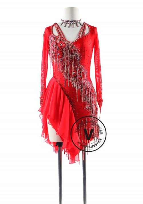 Red Beading Fringe with Chiffon Light Skirt Latin Rhythm Competition Dance Dress