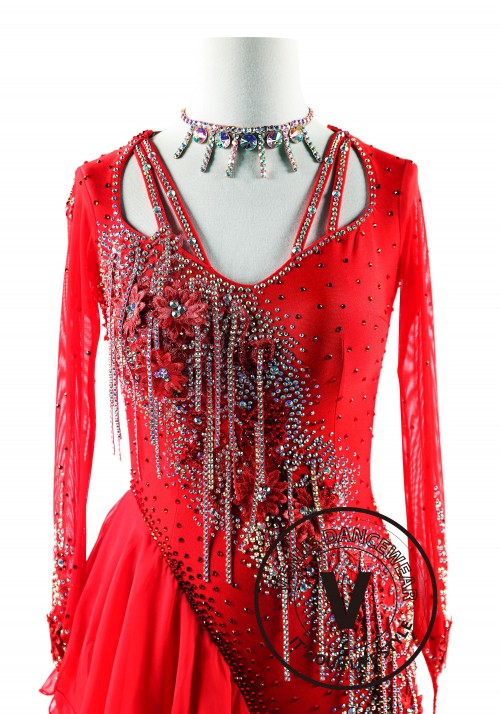 Red Beading Fringe with Chiffon Light Skirt Latin Rhythm Competition Dance Dress