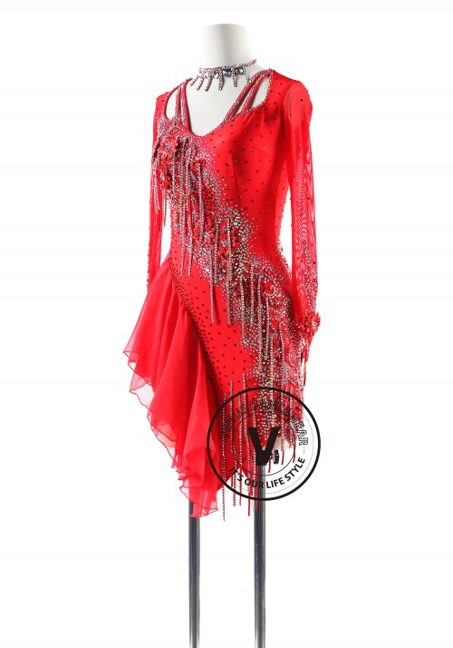 Red Beading Fringe with Chiffon Light Skirt Latin Rhythm Competition Dance Dress