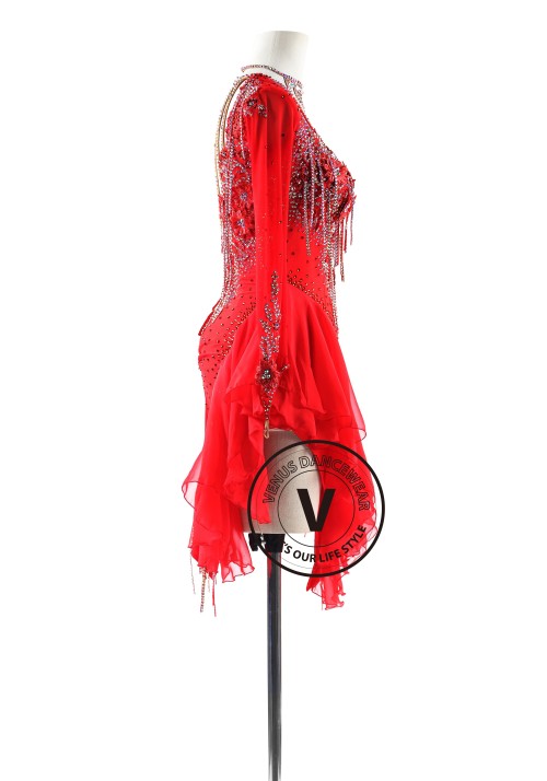 Red Beading Fringe with Chiffon Light Skirt Latin Rhythm Competition Dance Dress