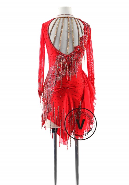 Red Beading Fringe with Chiffon Light Skirt Latin Rhythm Competition Dance Dress