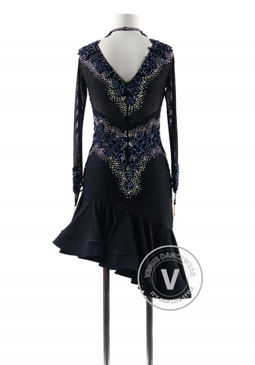 Black with Deep Blue Crystals Latin Rhythm Competition Dance Dress