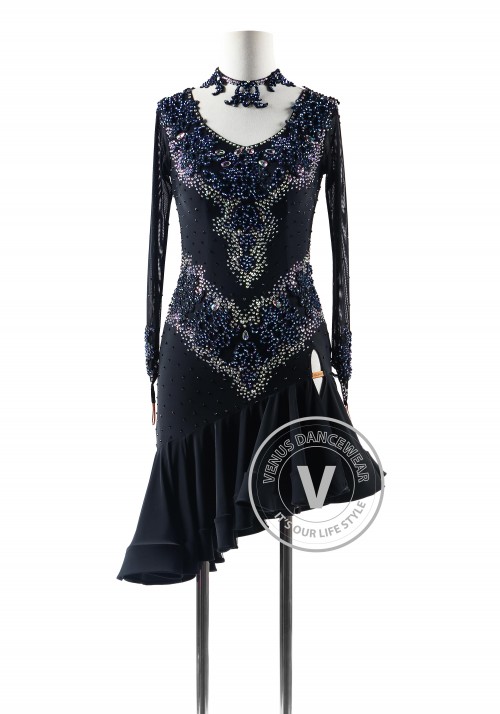 Black with Deep Blue Crystals Latin Rhythm Competition Dance Dress