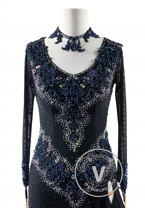 Black with Deep Blue Crystals Latin Rhythm Competition Dance Dress