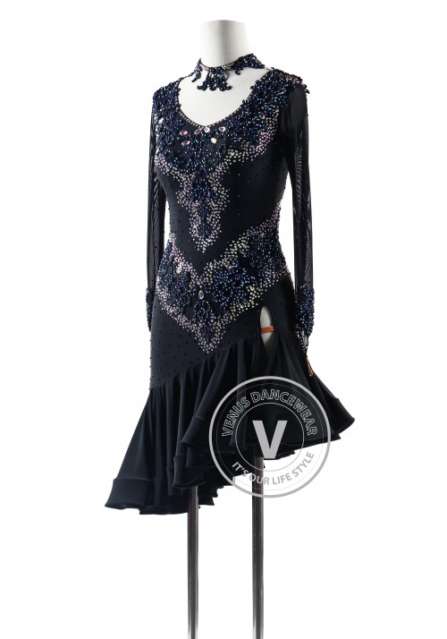 Black with Deep Blue Crystals Latin Rhythm Competition Dance Dress