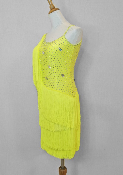 Yellow Fringe Tango Salsa Latin Rhythm Competition Dress Sample Dress