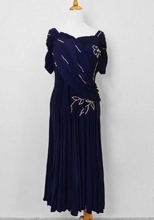 Medieval Blue Luxury Crepe Stoned Ballroom Practice Dance Dress Sample Dress