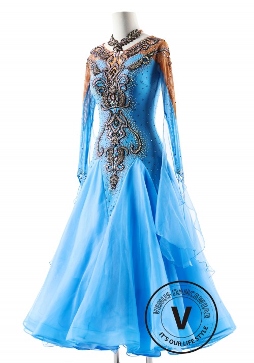 Sky blue Magic Elegance Ballroom Waltz Smooth Competition Dance Dress