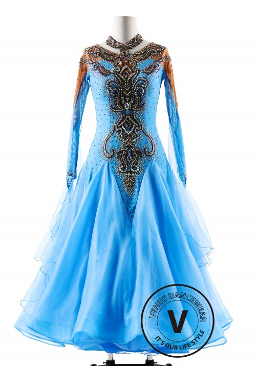 Sky blue Magic Elegance Ballroom Waltz Smooth Competition Dance Dress