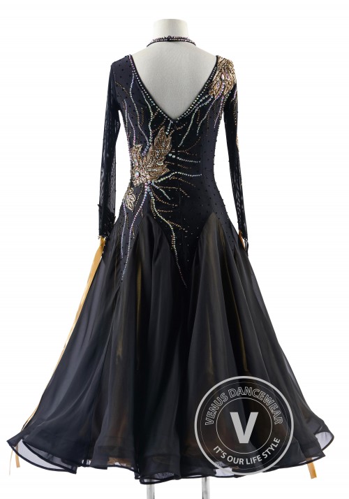 Black with Caramel Appliques Elegance Ballroom Waltz Smooth Competition Dance Dress