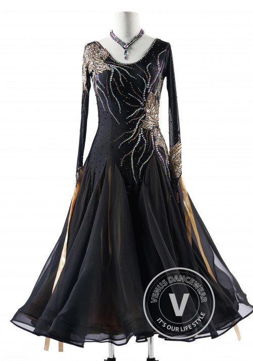 Black with Caramel Appliques Elegance Ballroom Waltz Smooth Competition Dance Dress