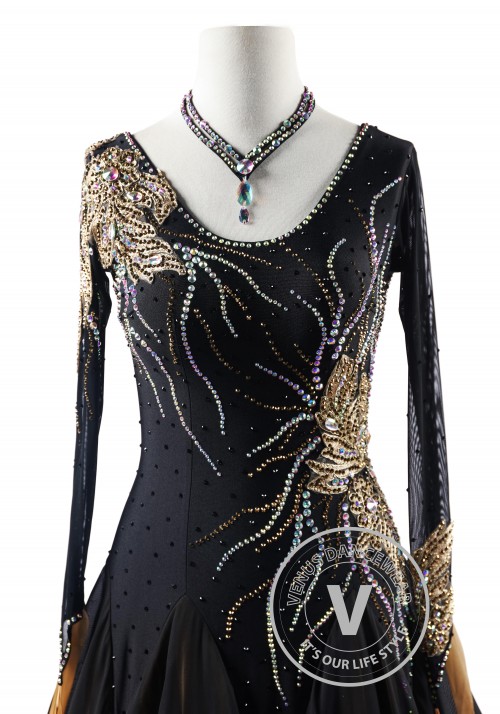 Black with Caramel Appliques Elegance Ballroom Waltz Smooth Competition Dance Dress