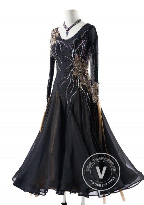 Black with Caramel Appliques Elegance Ballroom Waltz Smooth Competition Dance Dress