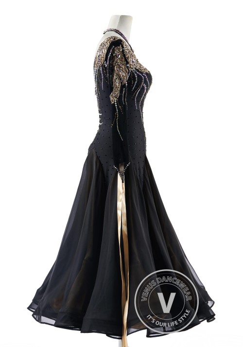 Black with Caramel Appliques Elegance Ballroom Waltz Smooth Competition Dance Dress