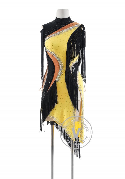 Solar Eclipse Black and Yellow Fringe Latin Rhythm Competition Dance Dress