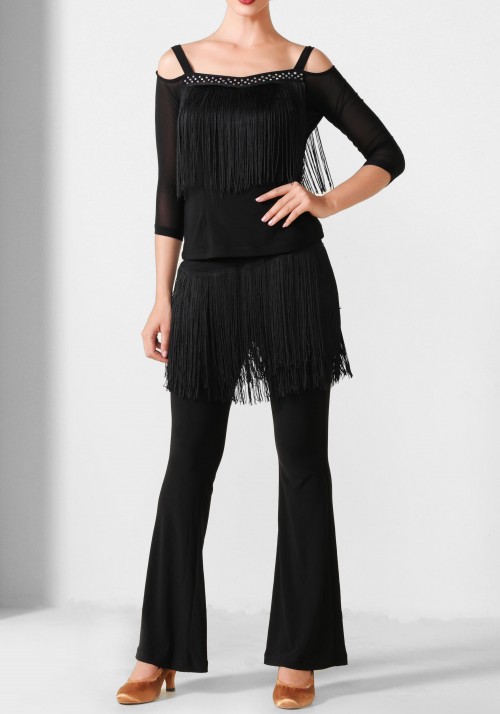 Luxury Black Crepe and Fringe Top PF01008T