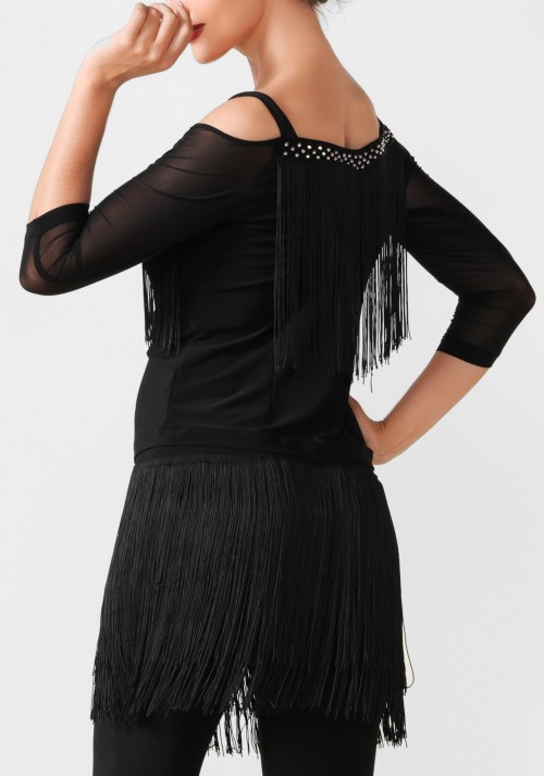 Luxury Black Crepe and Fringe Top PF01008T