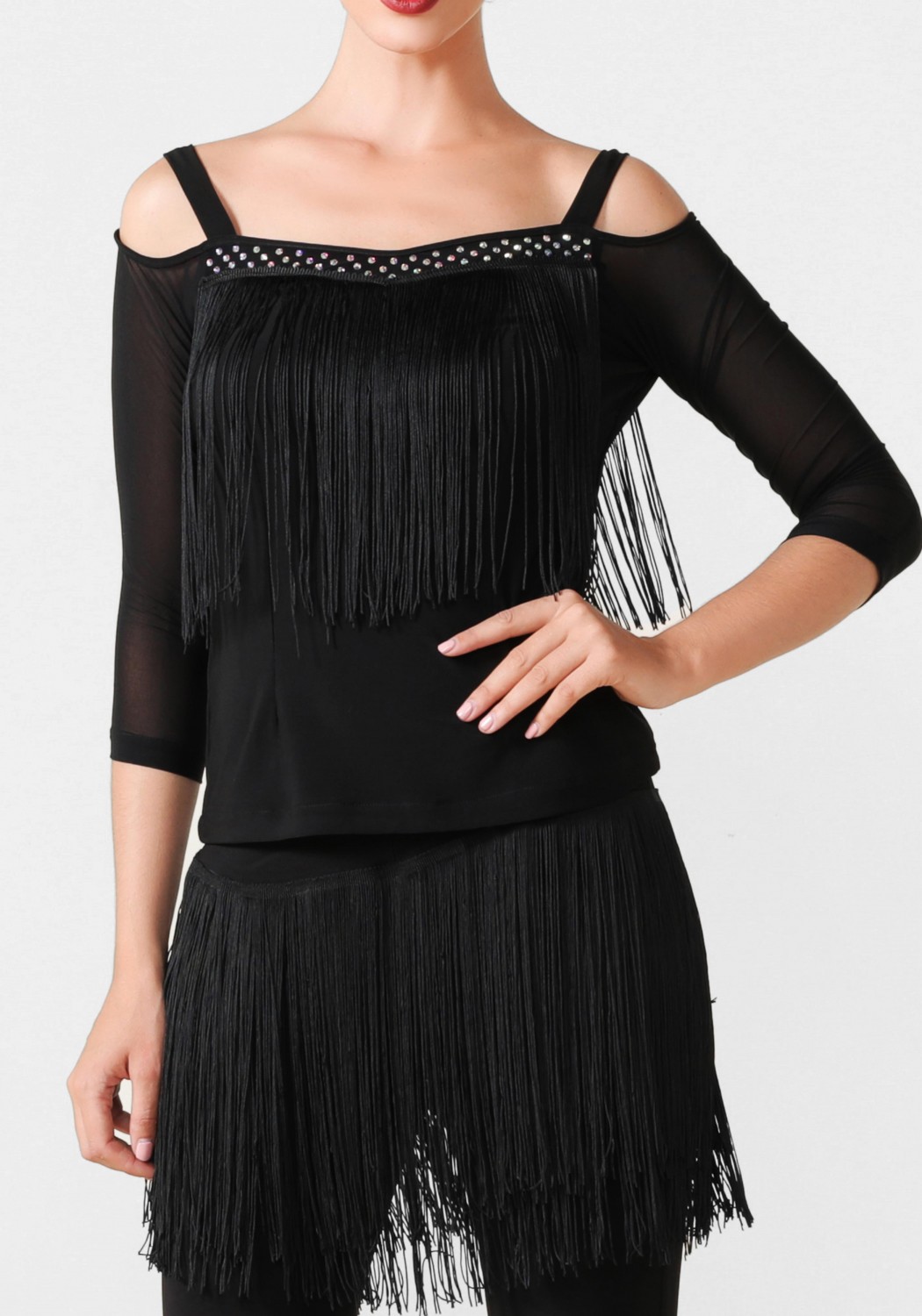 Luxury Black Crepe and Fringe Top PF01008T