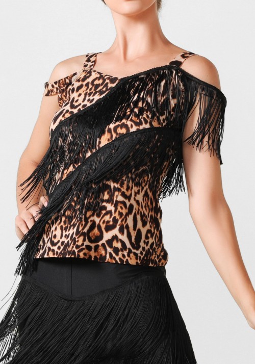 Leopard Print Luxury Crepe and Fringe Top PF01010T