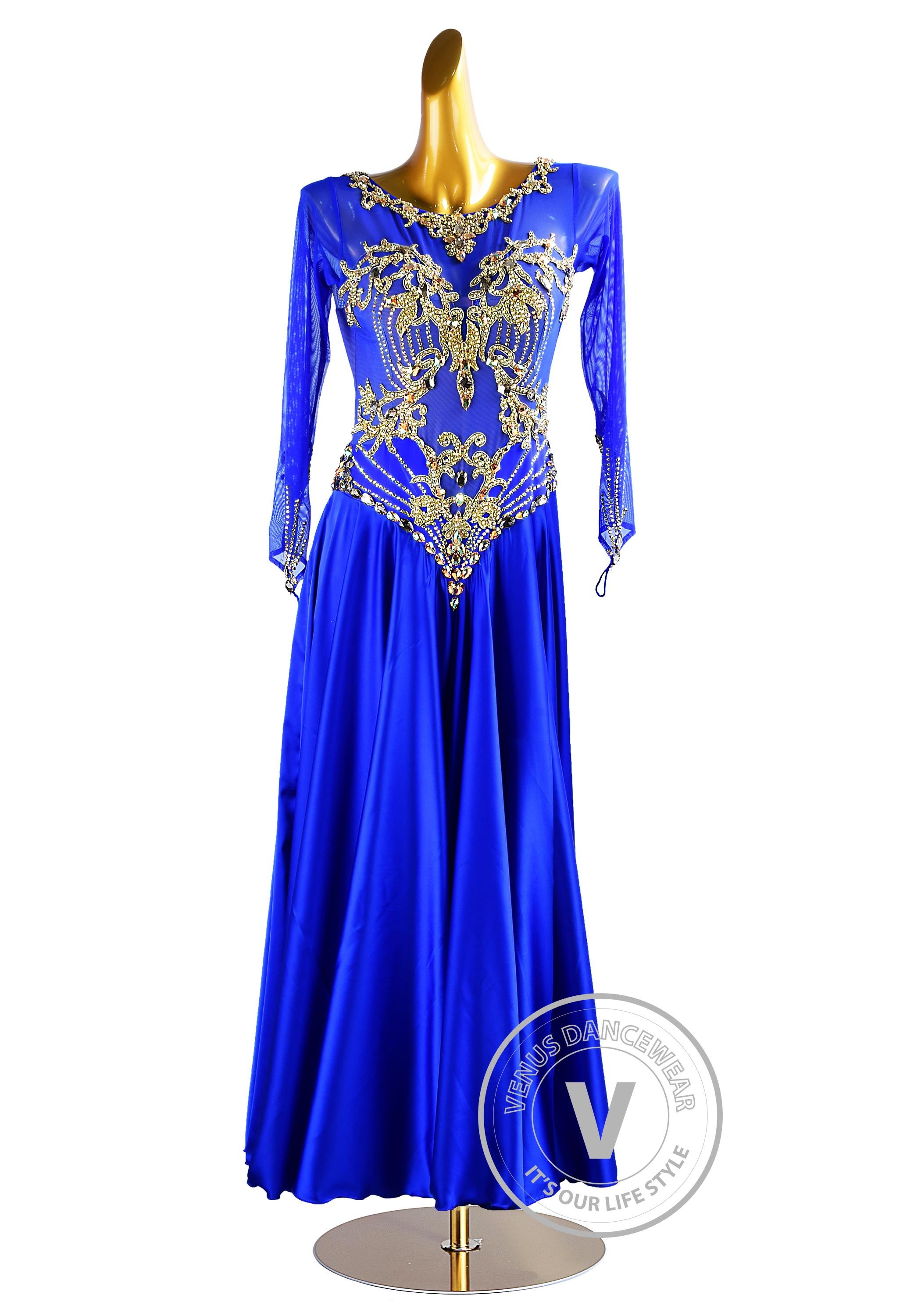 Royal Blue with Gold Beading Ballroom Waltz Smooth Competition Dance Dress