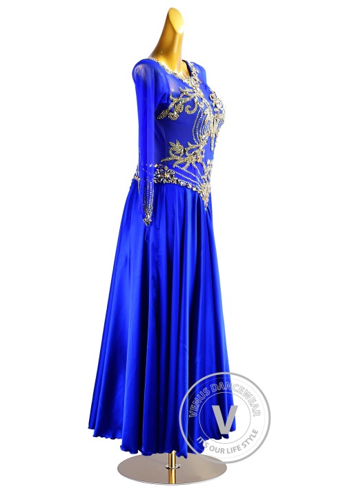 Royal Blue with Gold Beading Ballroom Waltz Smooth Competition Dance Dress