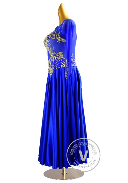 Royal Blue with Gold Beading Ballroom Waltz Smooth Competition Dance Dress