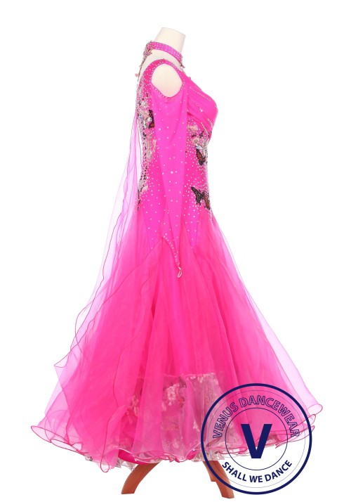 Pink Butterfly Lady Smooth Foxtrot Waltz Standard Competition Ballroom Dress 