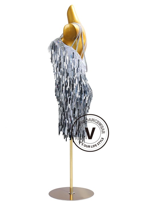 Silver Beading Fringe Latin Rhythm Competition Dance Dress