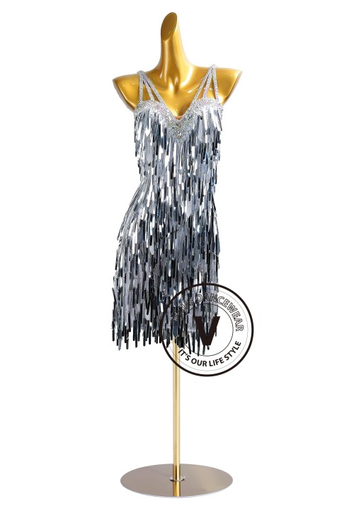 Silver Beading Fringe Latin Rhythm Competition Dance Dress