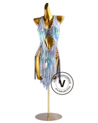 Bright Silver Illusion Beading Fringe Latin Rhythm Competition Dance Dress