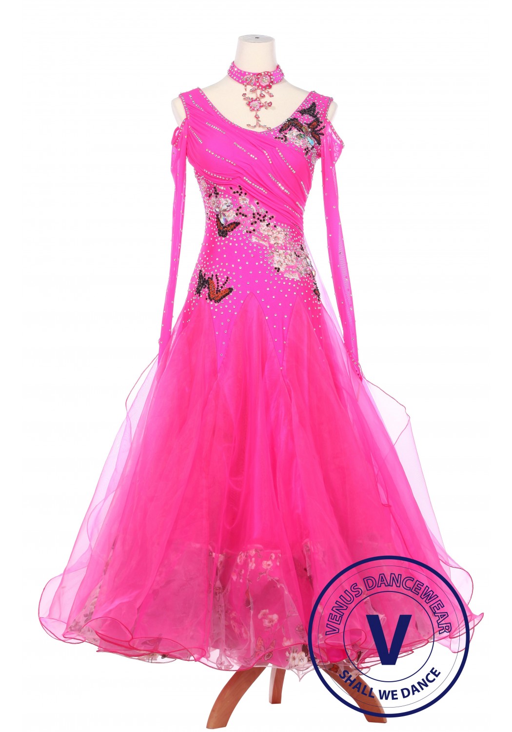 Pink Butterfly Lady Smooth Foxtrot Waltz Standard Competition Ballroom Dress 