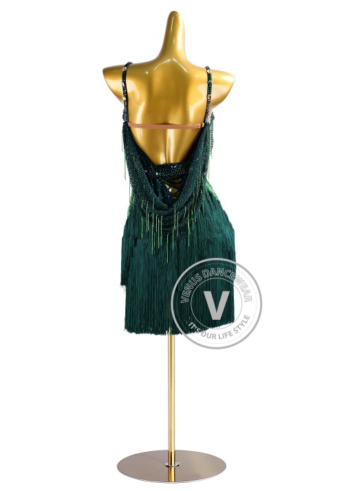 Hunter Green Illusion Beading Netting and Fringe Latin Rhythm Competition Dance Dress