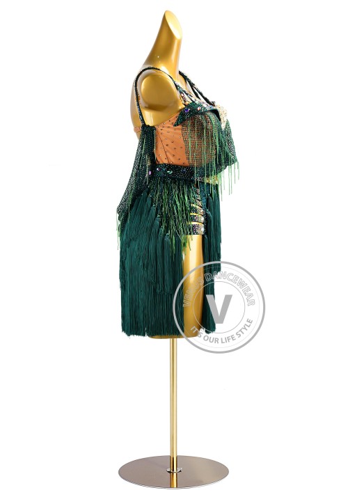 Hunter Green Illusion Beading Netting and Fringe Latin Rhythm Competition Dance Dress