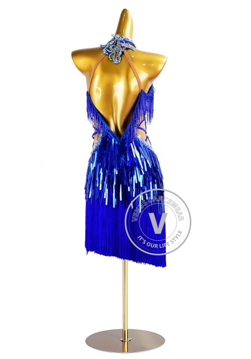 Halter Royal Blue Beading Fringe Latin Rhythm Competition Dance Dress